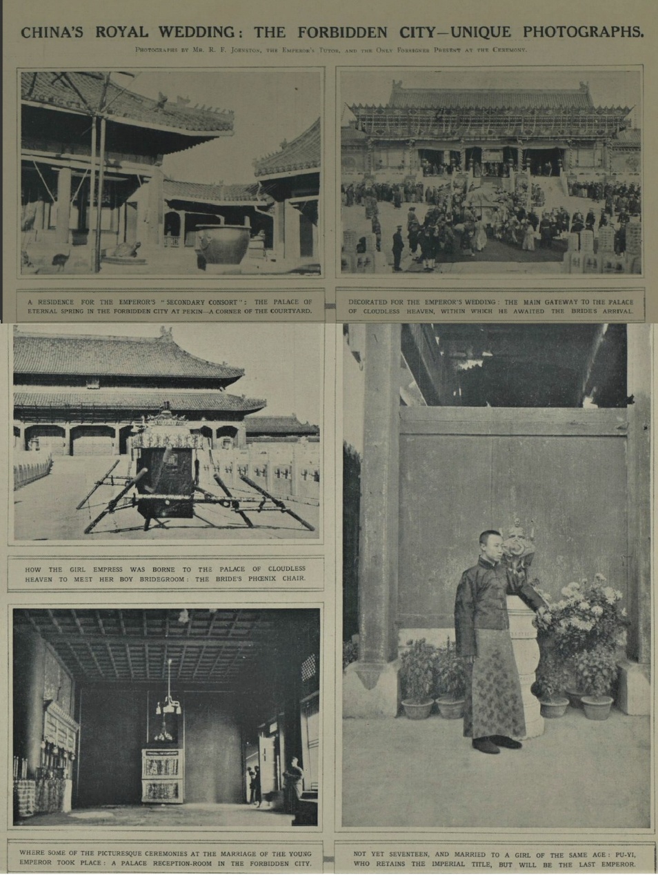 A historical newspaper page titled 'China's Royal Wedding: The Forbidden City - Unique Photographs' showing multiple black and white photographs of Chinese imperial palace grounds, ceremonial spaces, and what appears to be wedding-related imperial ceremonies from an earlier era.